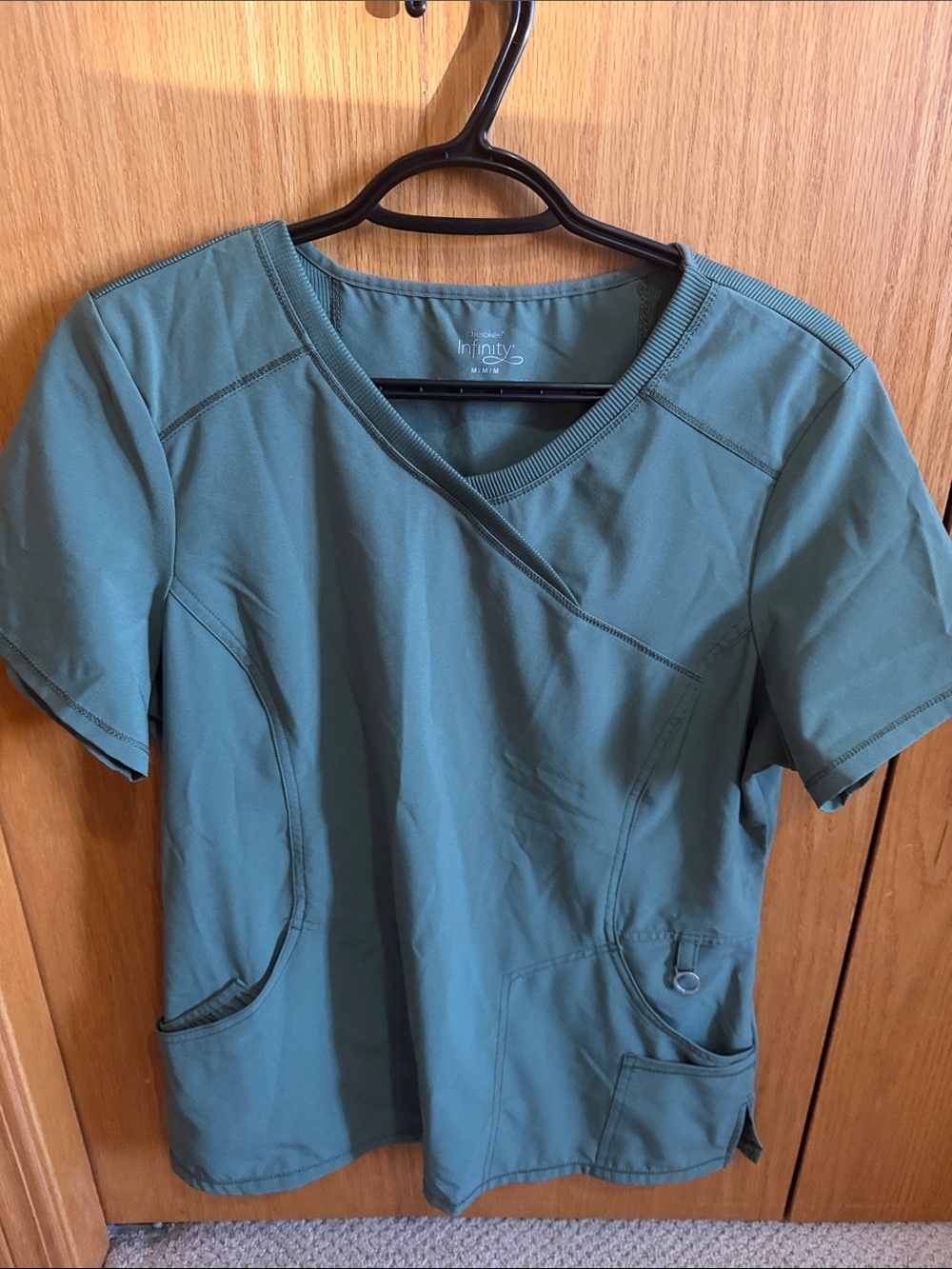 NFINITY Short Sleeve Mock Wrap Scrub Top in Teal Green